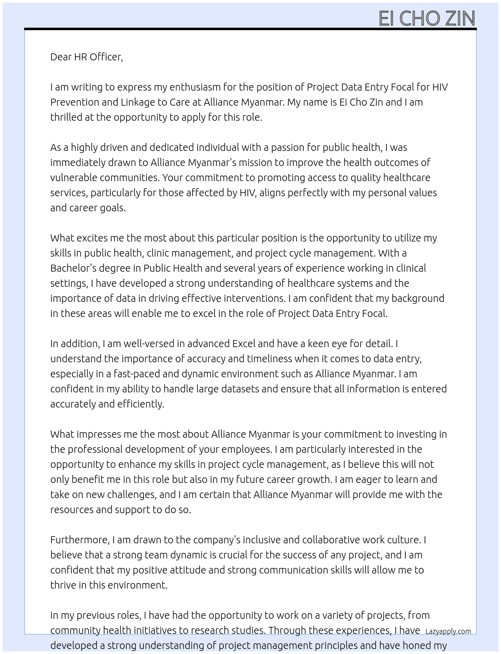 project data entry focal(HIV prevention and linkage to care) At Alliance Myanmar Cover Letter