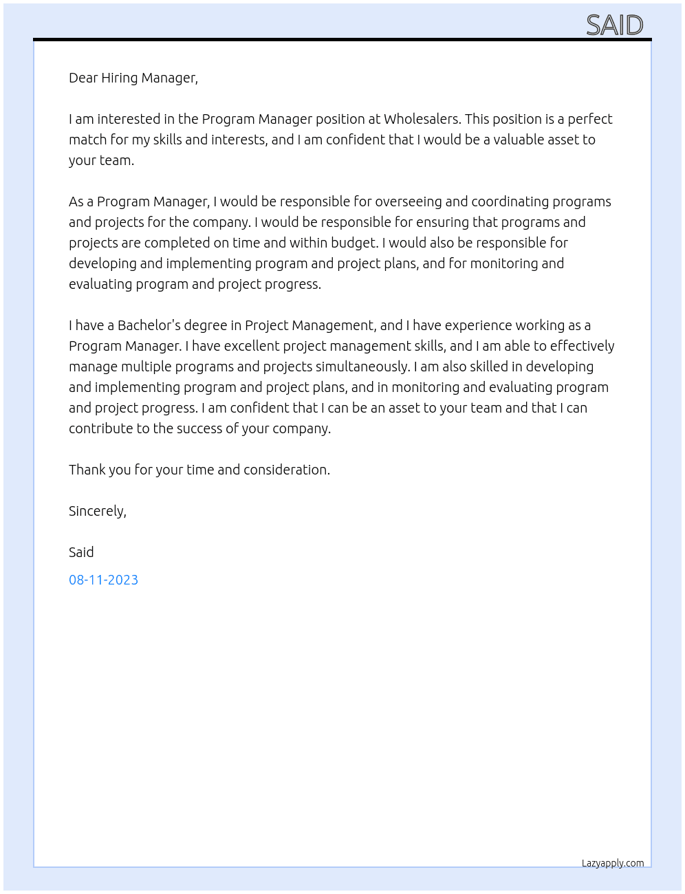 Program manager  At Wholesalers Cover Letter