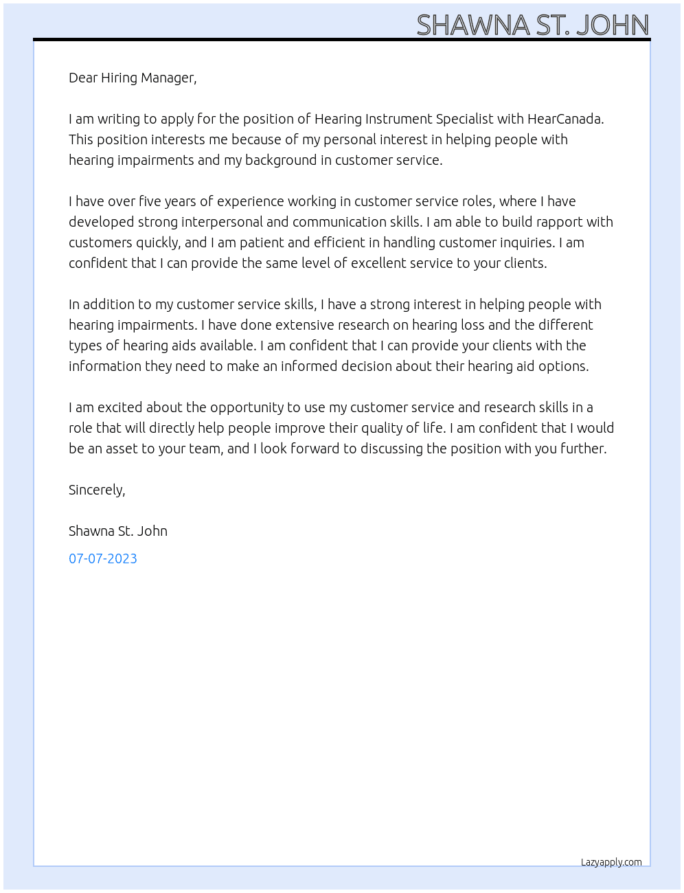 Hearing Instrument Specialist At HearCanada Cover Letter