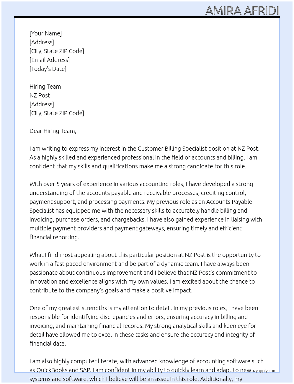 Customer Billing Specialist At NZ Post Cover Letter