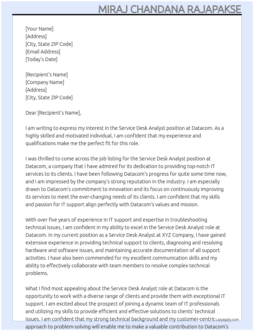 Service Desk Analyst At Datacom Cover Letter