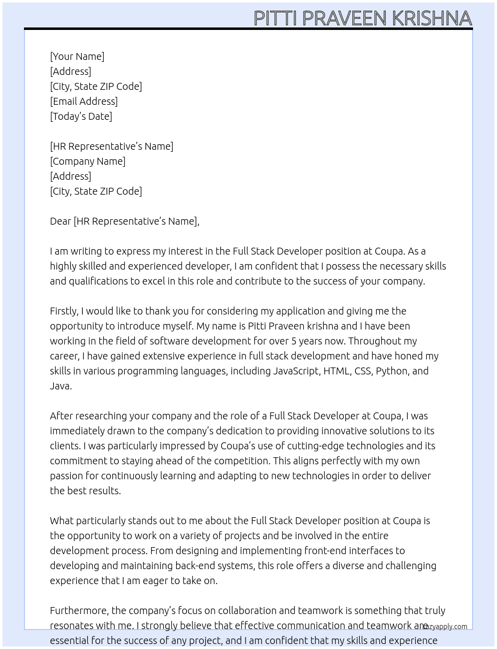 Full stack developer At Coupa Cover Letter