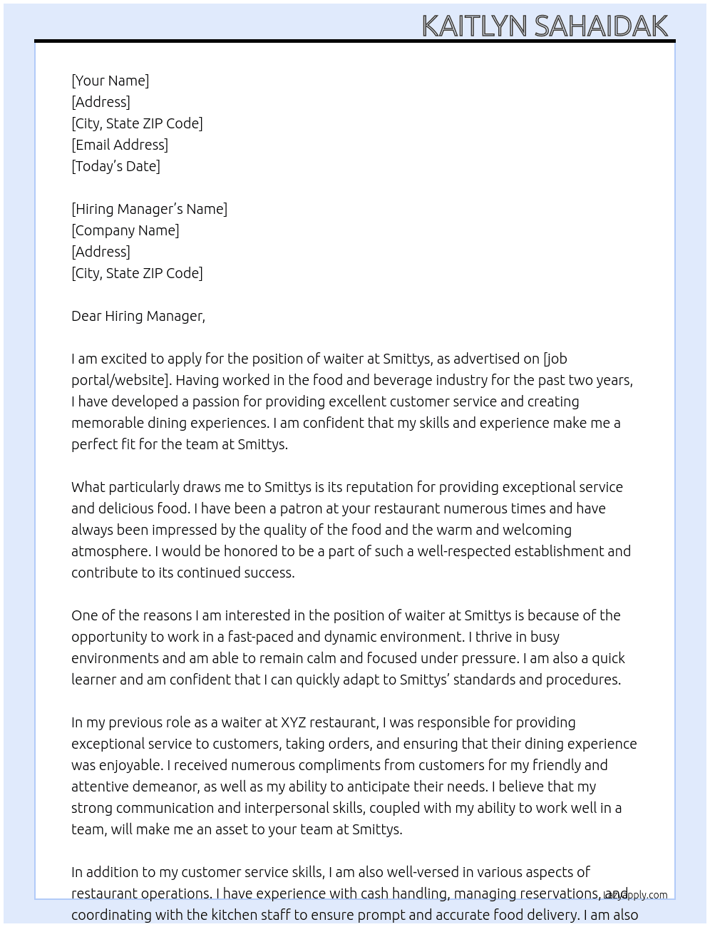 waiter At smittys Cover Letter