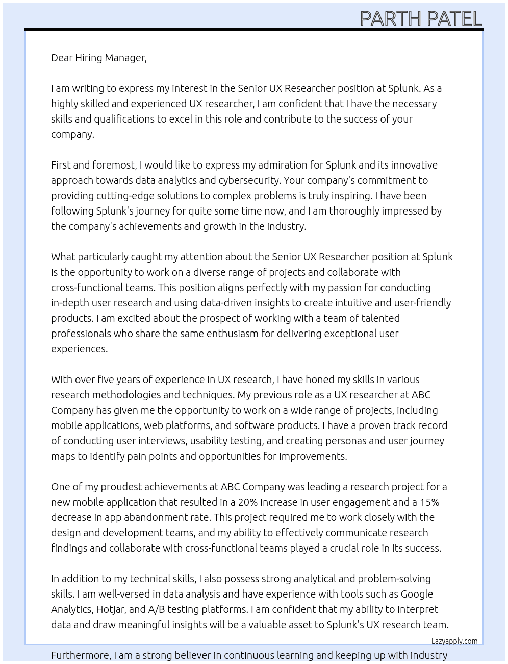 Senior UX Researcher At Splunk Cover Letter