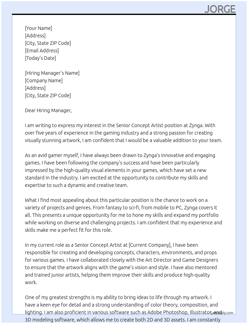 Senior concept artist At Zynga Cover Letter