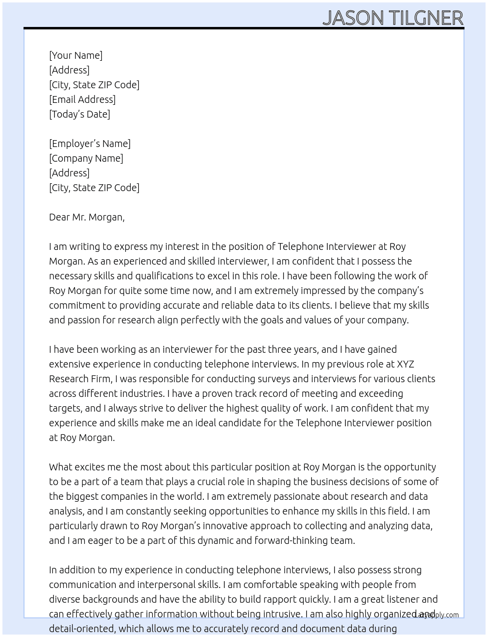 Telephone Interviewer At Roy Morgan Cover Letter