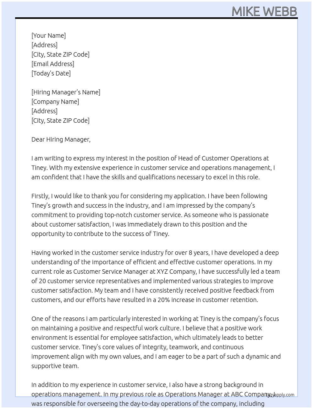 Head of Customer Operations At Tiney Cover Letter