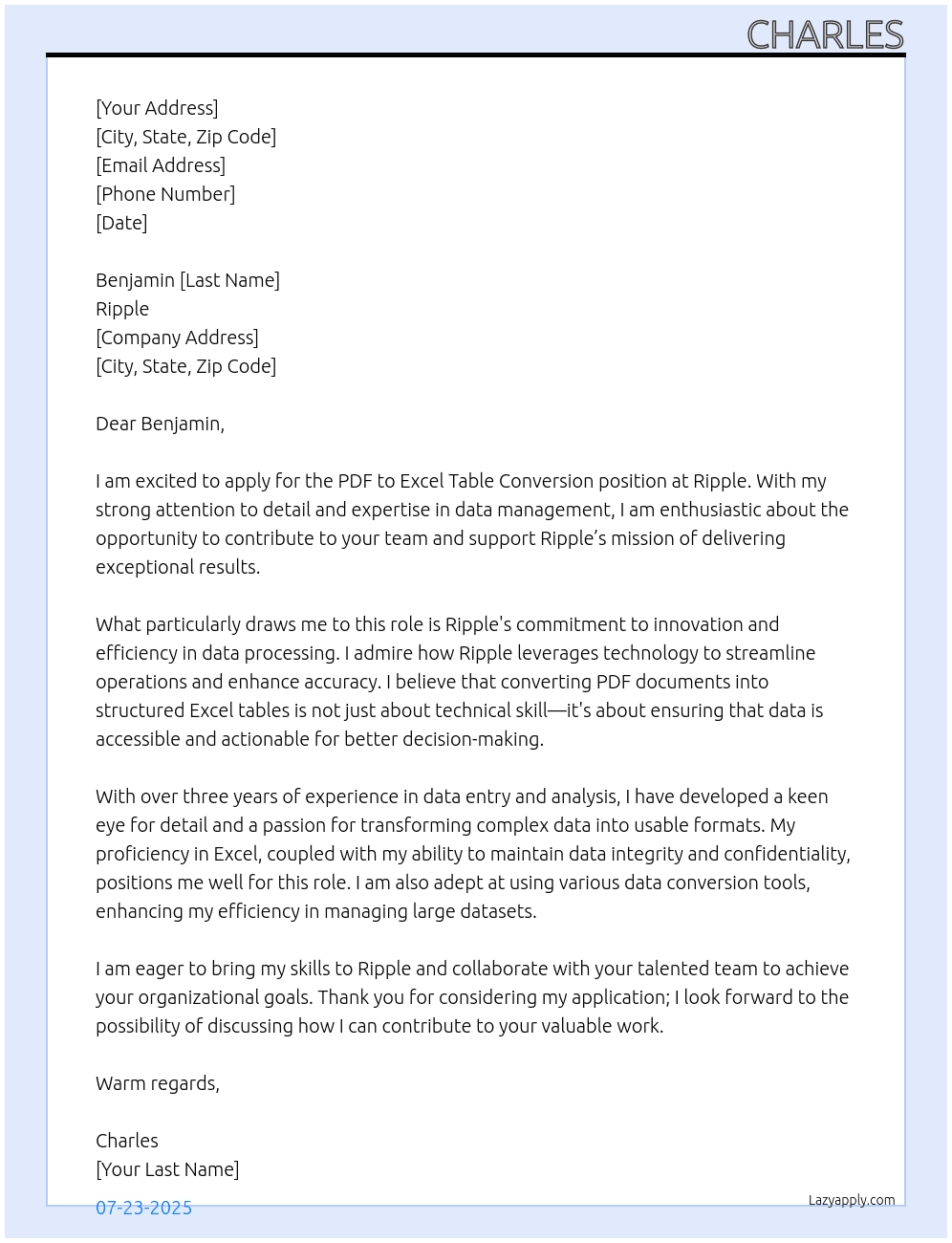 Cover letter for pdf to excel table conversion - LazyApply