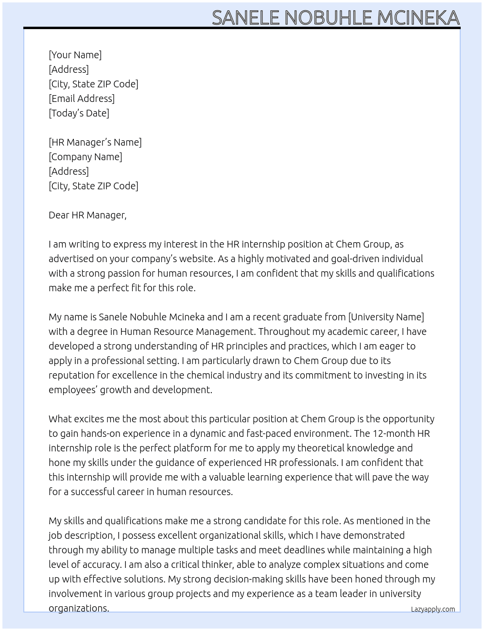 HR internship  At Chem Group Cover Letter