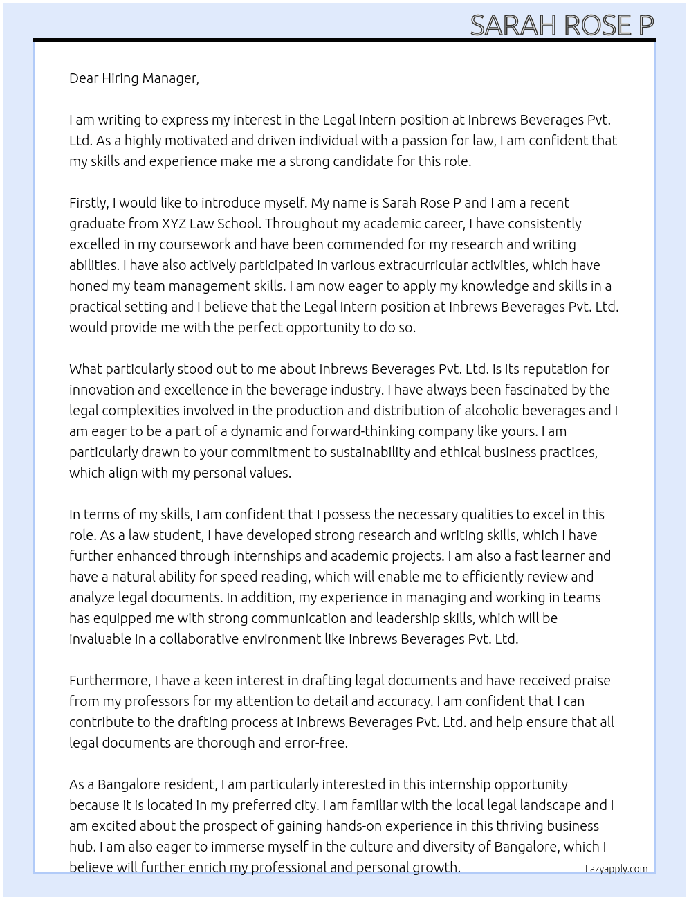 Legal intern At Inbrews beverages Pvt.Ltd. Cover Letter