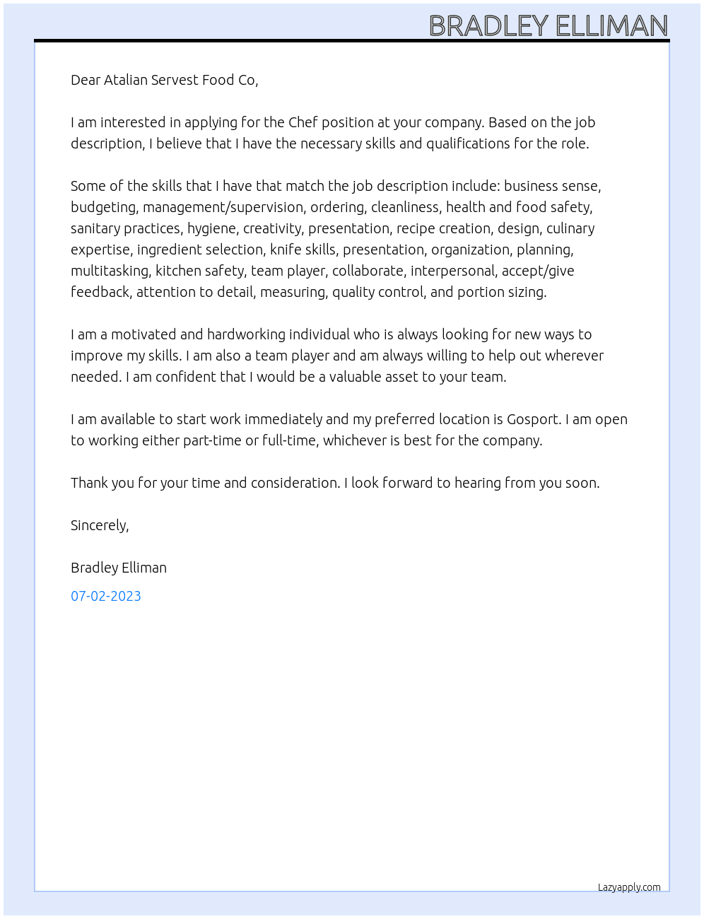 Chef  At Atalian Servest Food Co Cover Letter