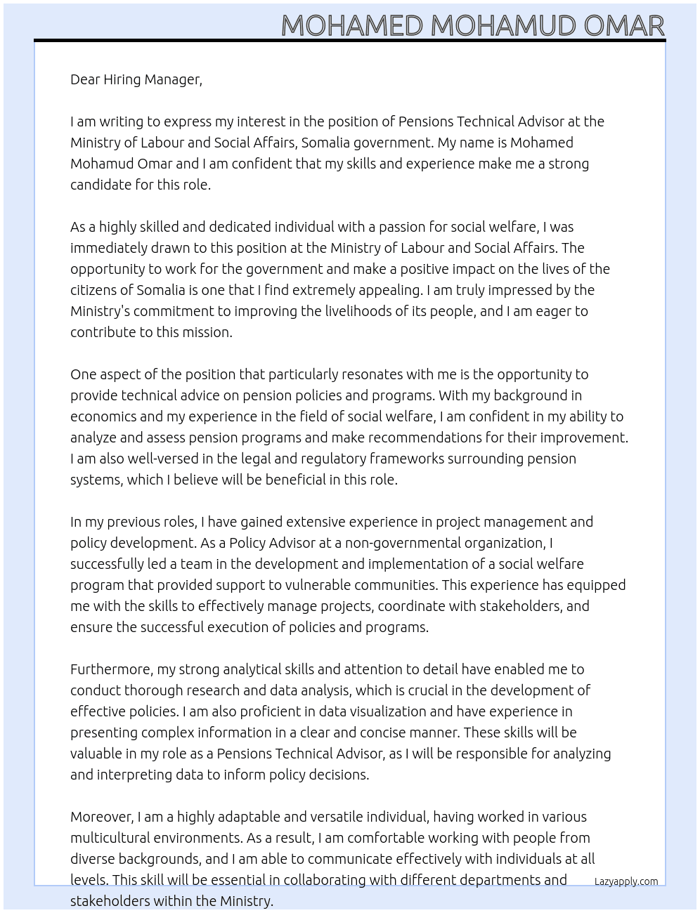 Pensions Technical Advisor At Ministry of Labour and Social Affairs Somalia government Cover Letter
