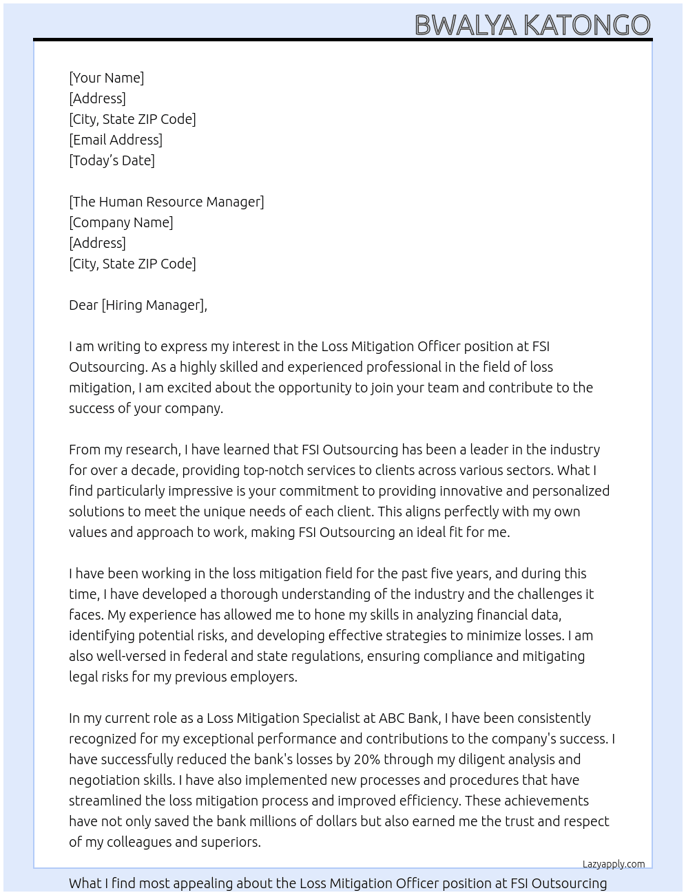 Loss Mitigation Officer At FSI Outsourcing Cover Letter