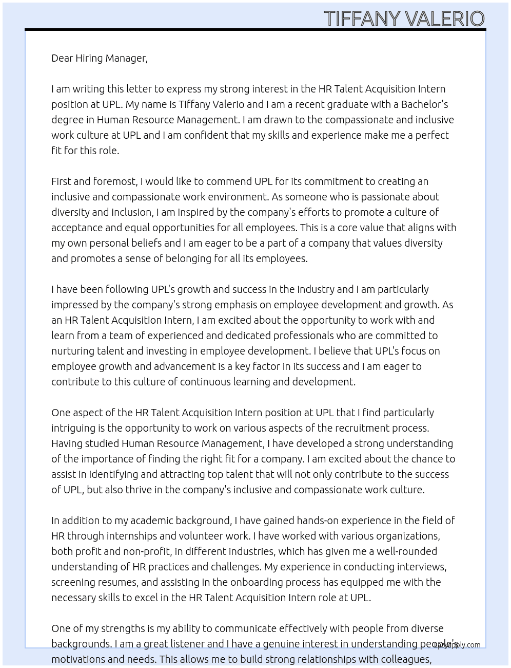HR Talent Aquisition Intern At UPL Cover Letter