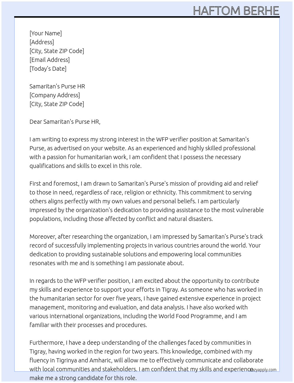 WFP verifier At Samaritan's Purse Cover Letter