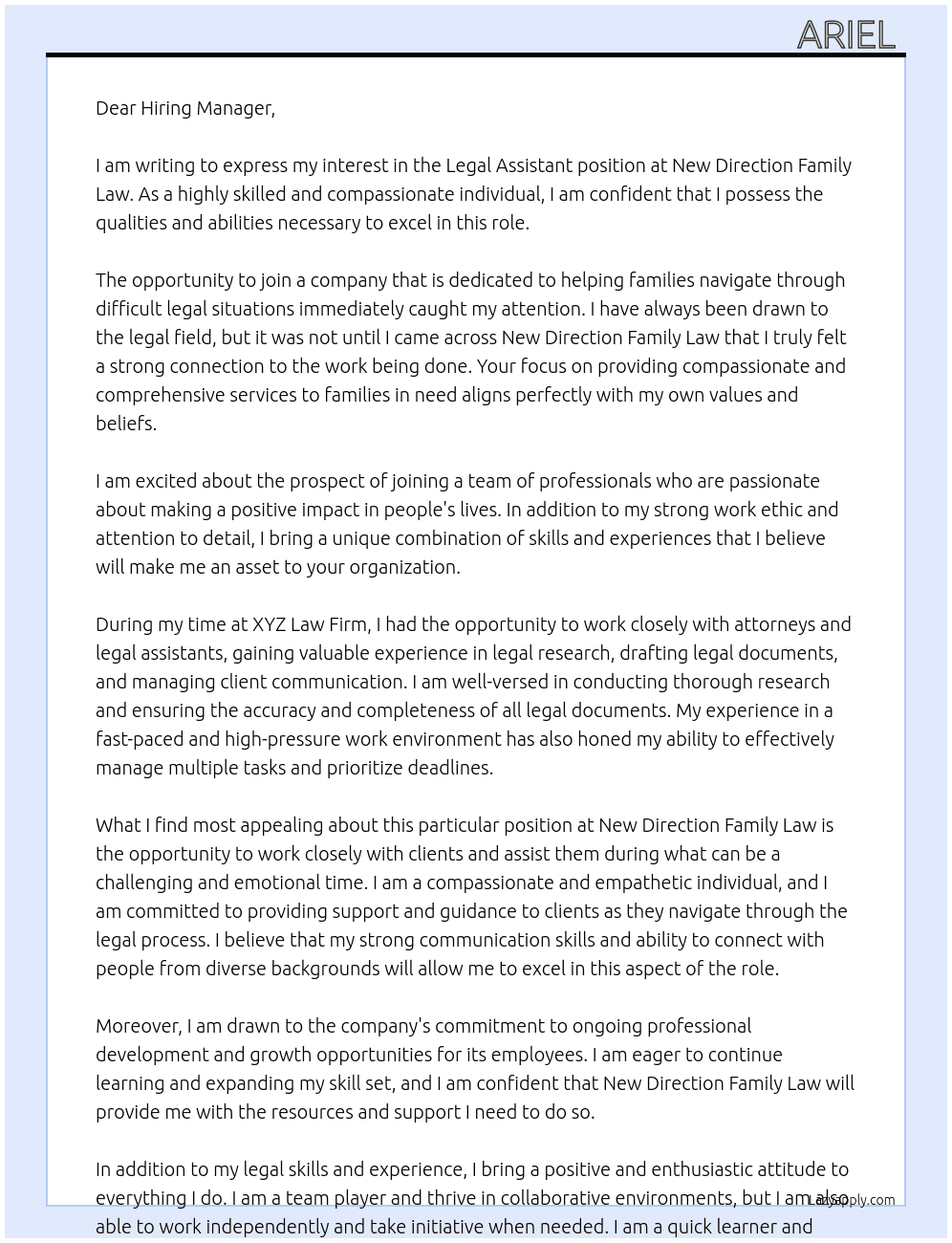 Legal Assistant  At New Direction Family Law Cover Letter