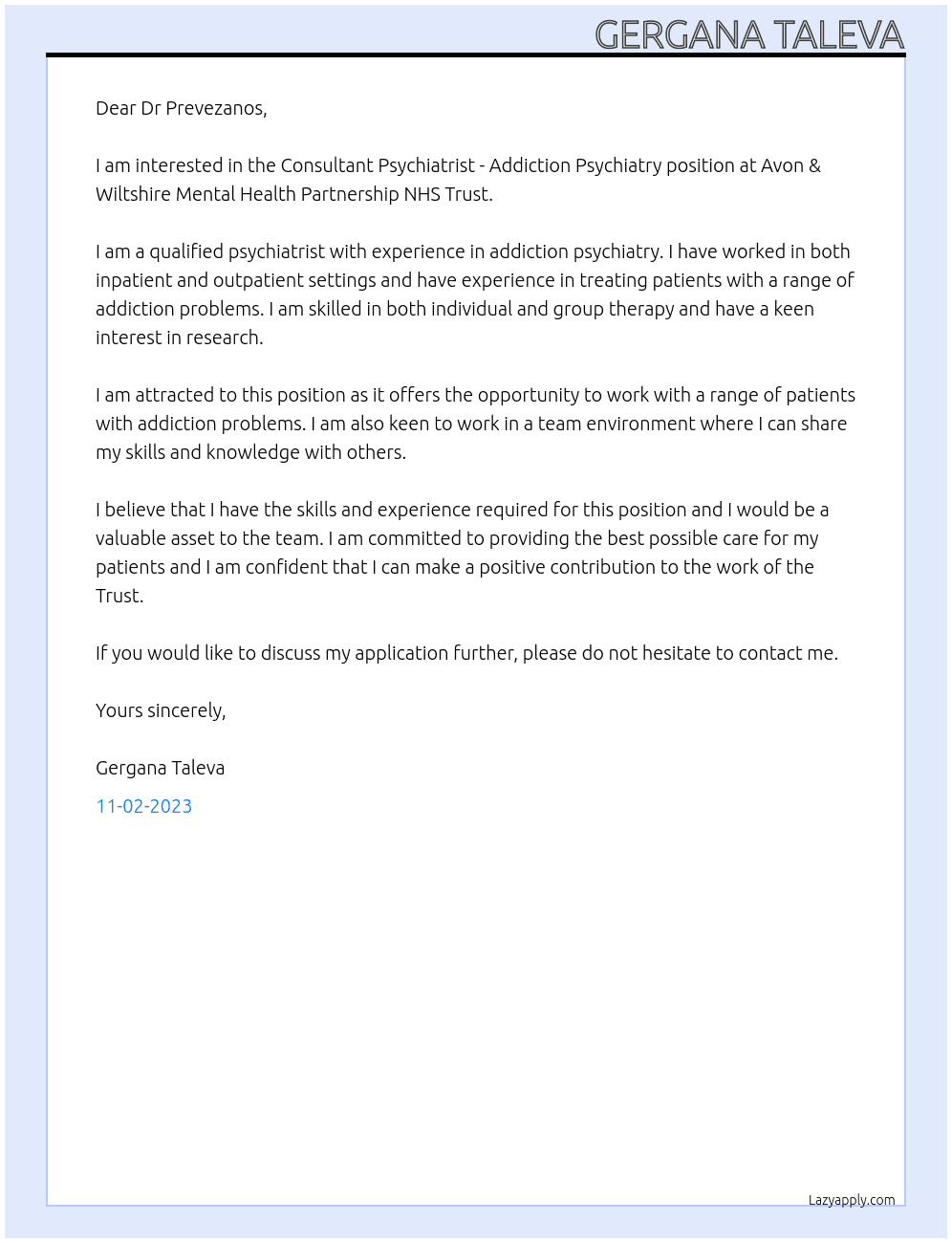 Consultant Psychiatrist - Addiction Psychiatry At Avon & Wiltshire Mental Health Partnership NHS Trust Cover Letter