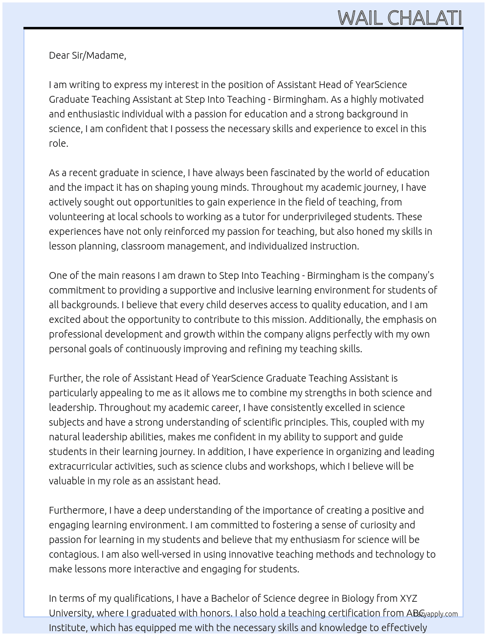 Assistant Head of YearScience Graduate Teaching Assistant At Step Into Teaching - Birmingham Cover Letter