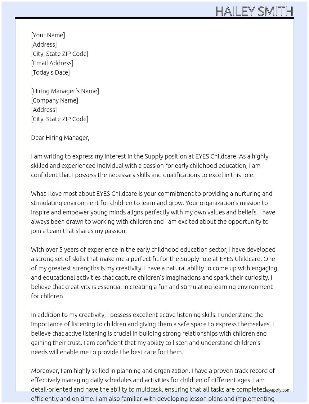Supply At EYES Childcare Cover Letter