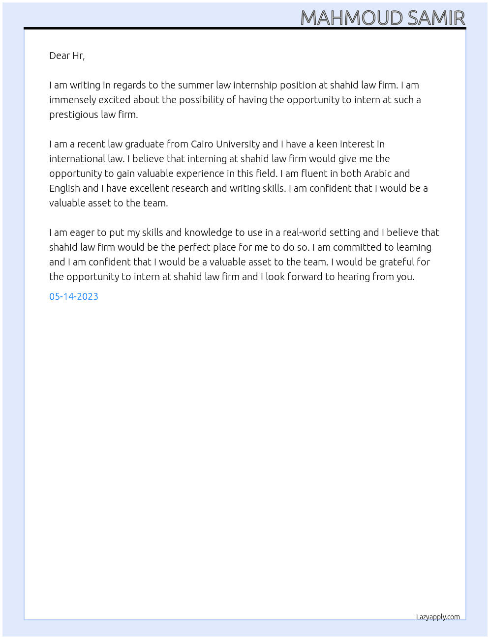 Summer law internship At shahid law firm Cover Letter