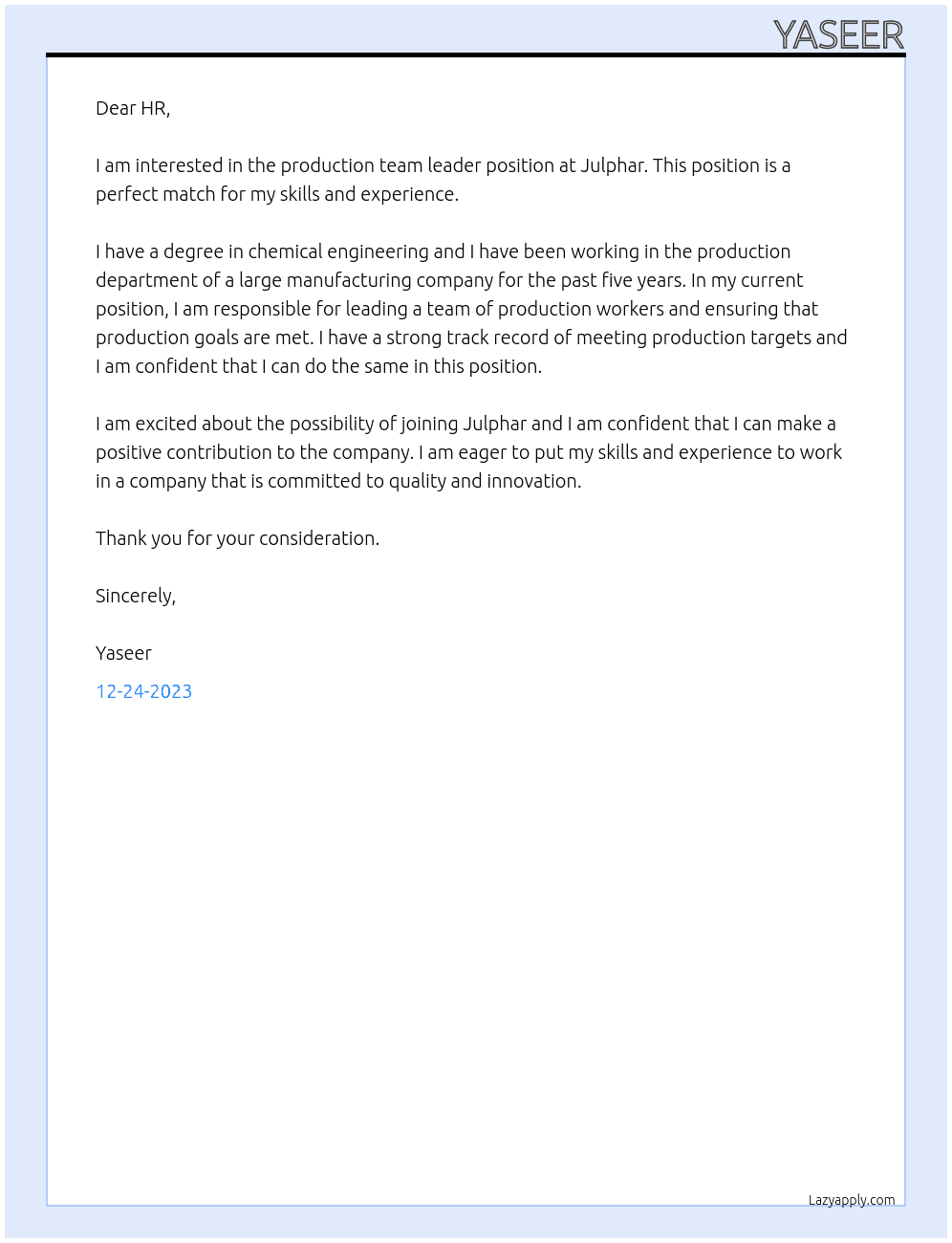 Production Team Leader At Julphar Cover Letter