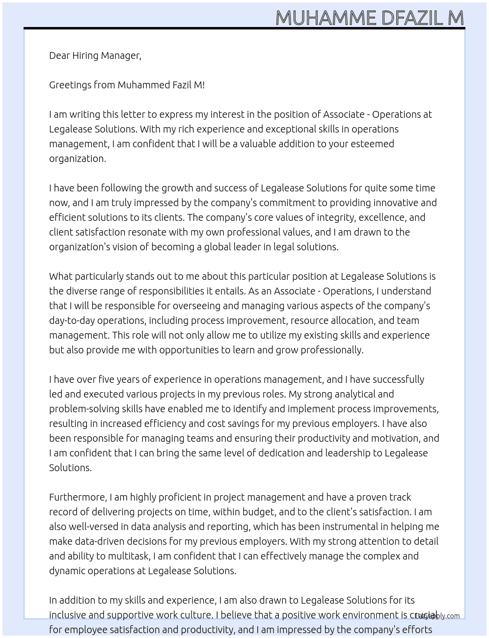 Associate - operations At Legalease Solutions Cover Letter