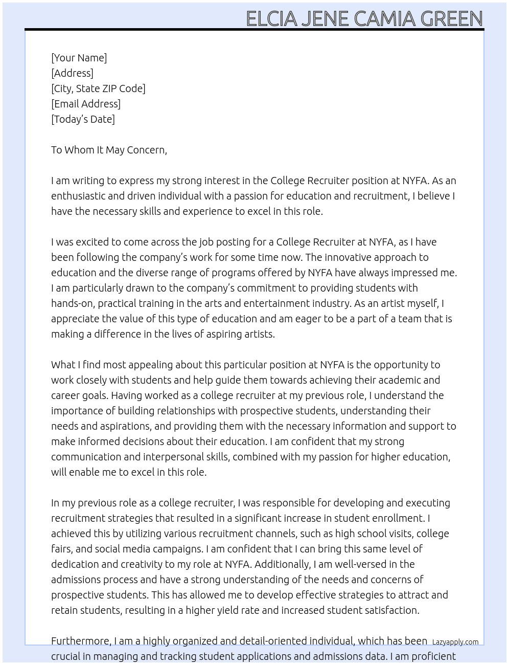 College Recruiter At NYFA Cover Letter