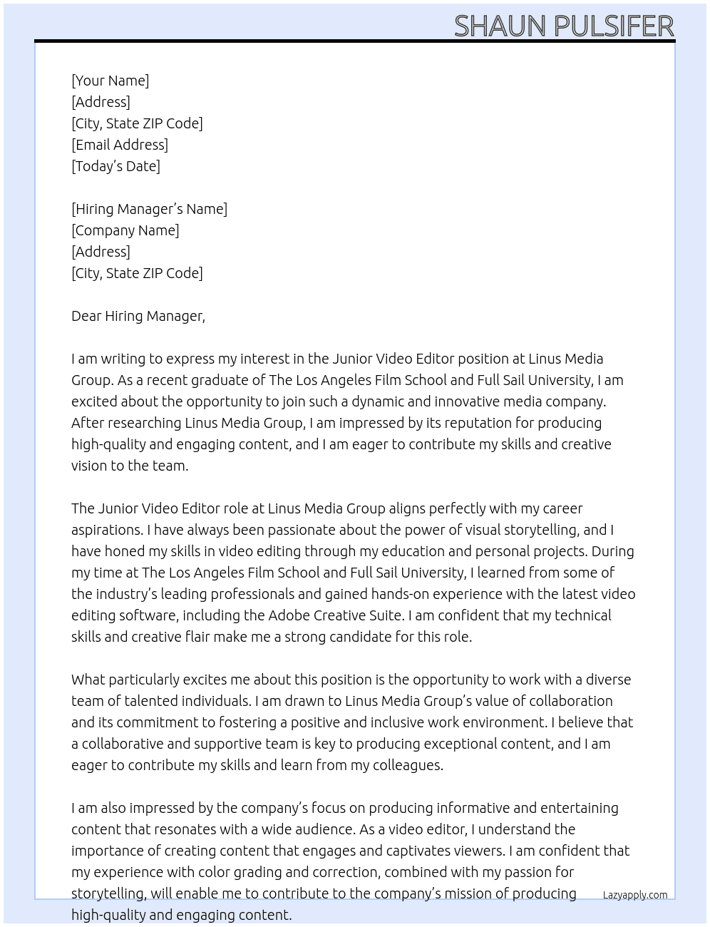 Junior Video Editor At Linus Media Group Cover Letter