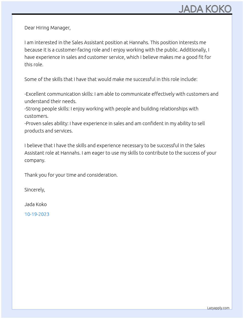 Sales Assistant  At Hannahs Cover Letter
