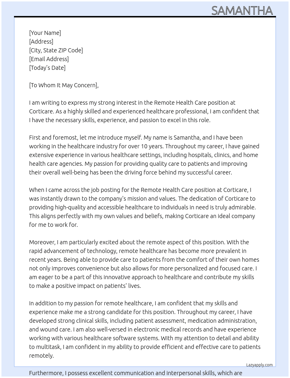 Remote health care  At Corticare  Cover Letter