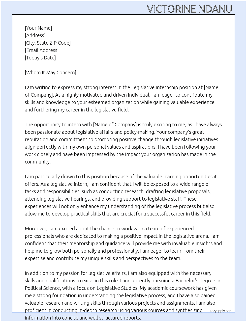 Internship  At Legislative internship  Cover Letter