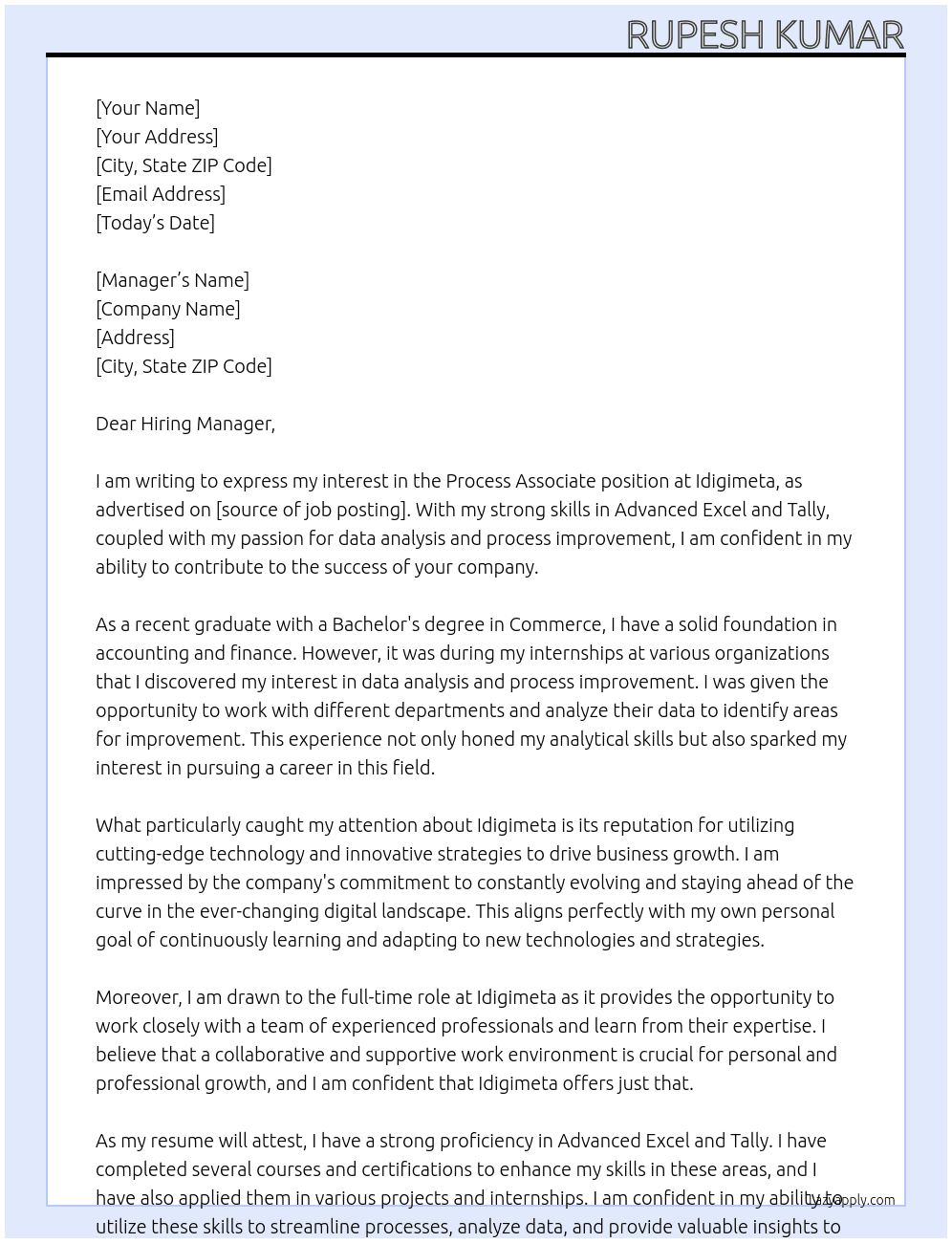 Process Associate  At Idigimeta Cover Letter