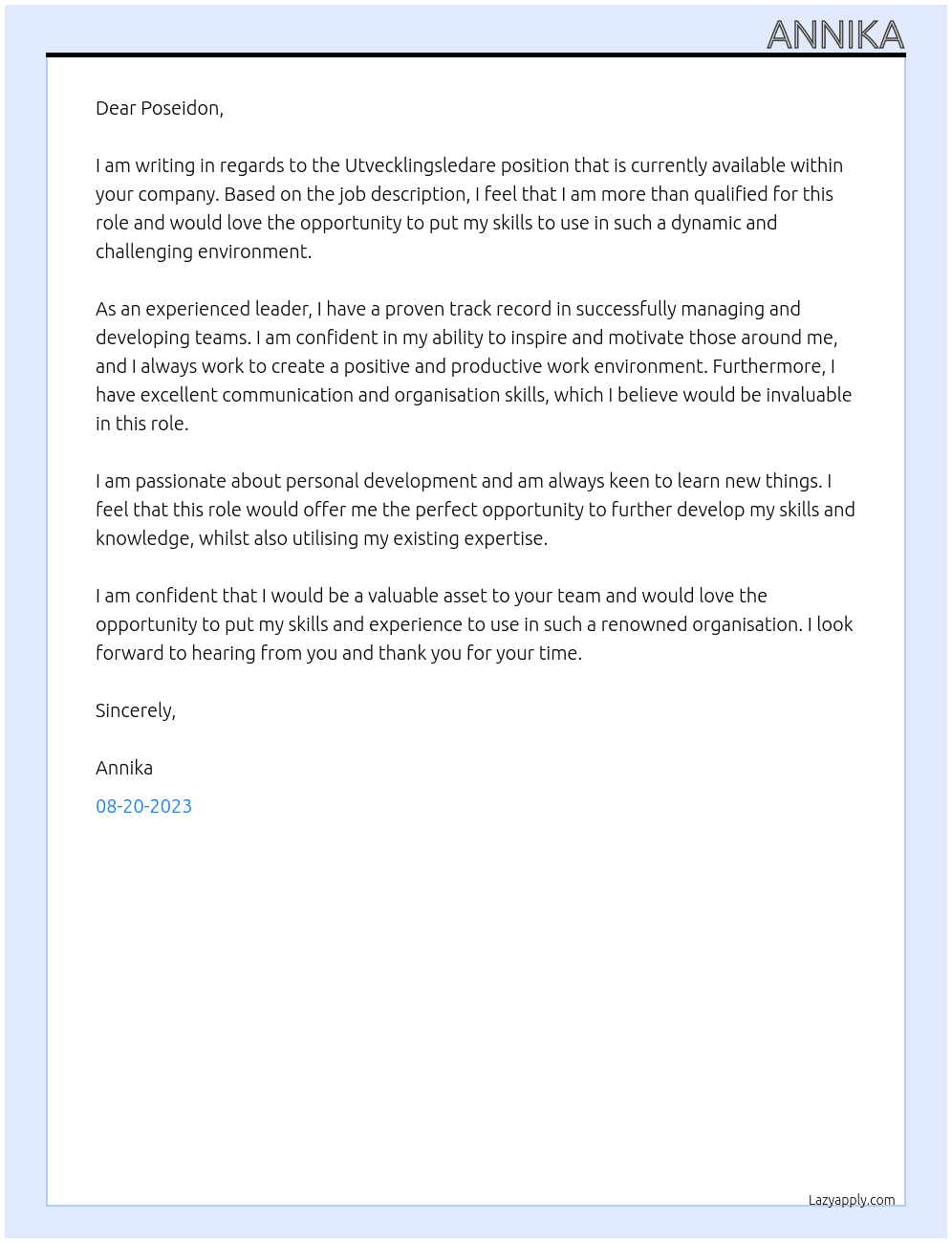 Utvecklingsledare At Poseidon Cover Letter