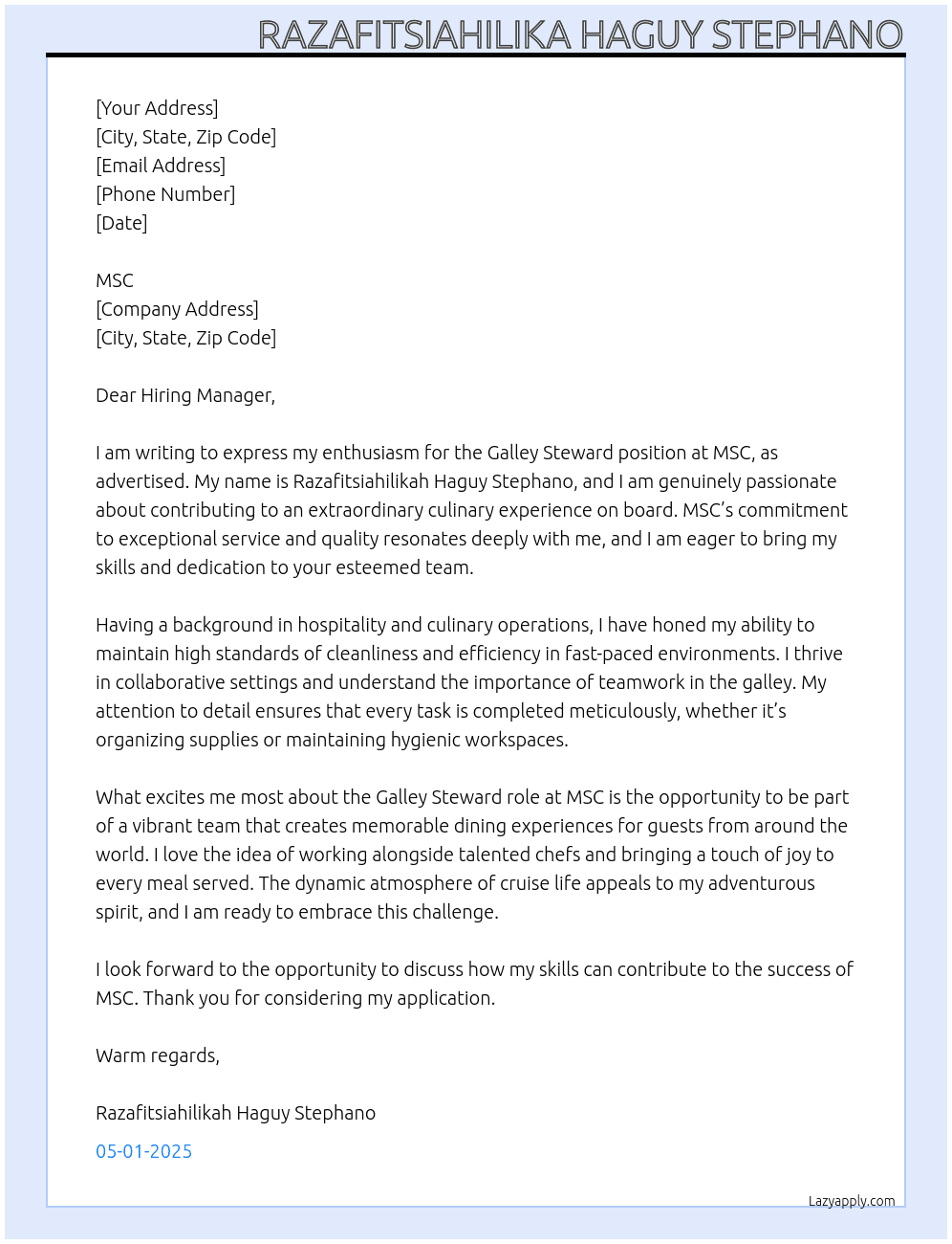 Galley steward At MSC Cover Letter