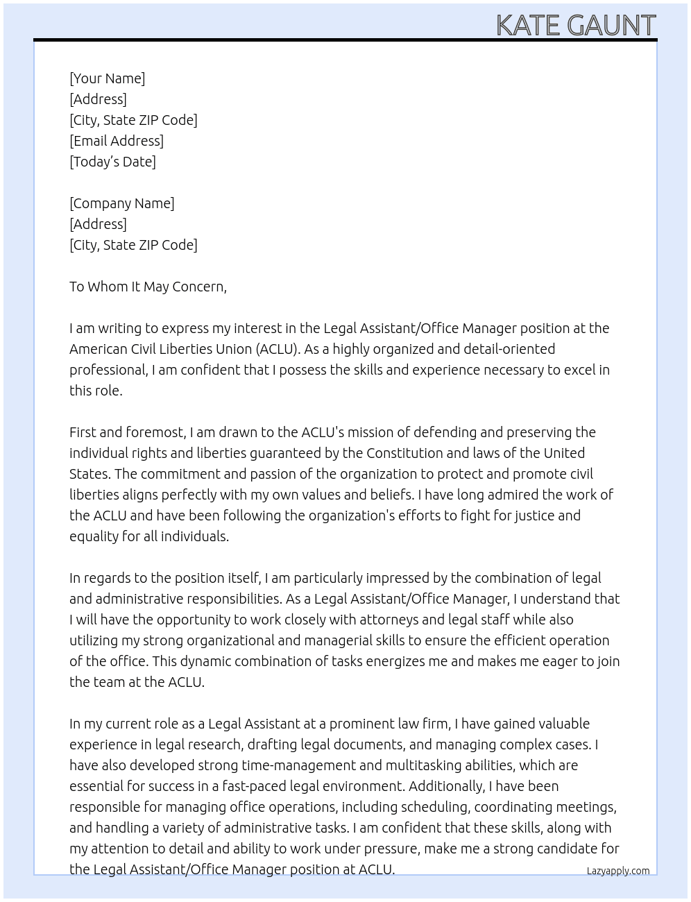 Legal Assistant/Office Manager At ACLU Cover Letter