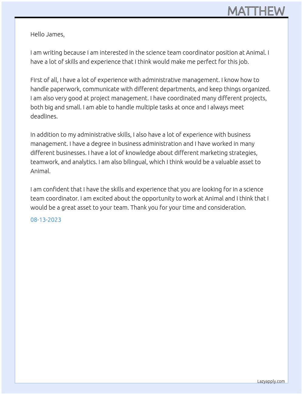 science team coordinator At animal Cover Letter