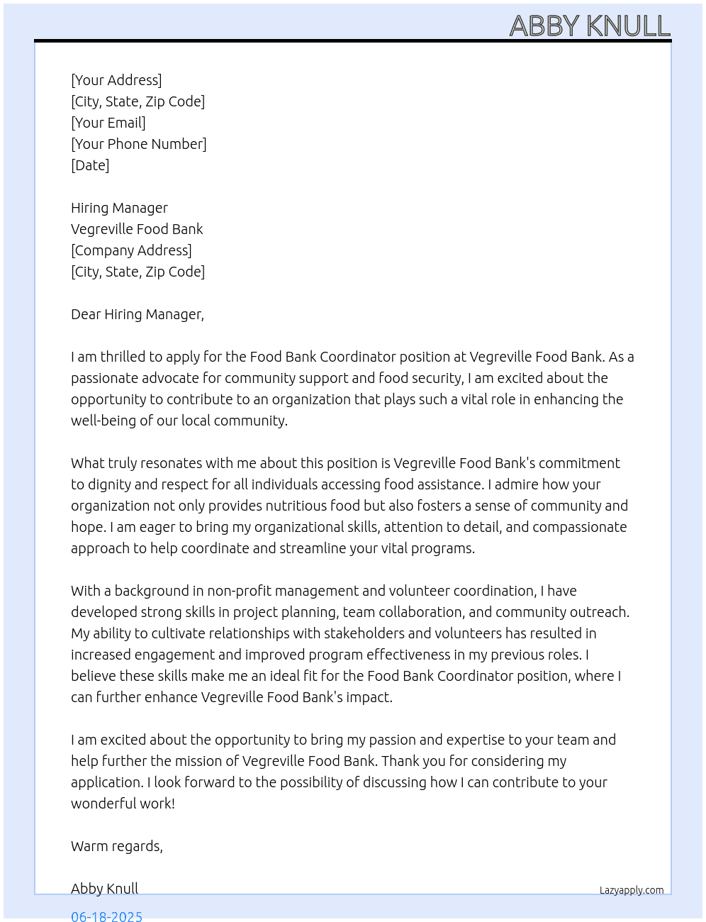 Food Bank Coordinator At Vegreville Food Bank Cover Letter