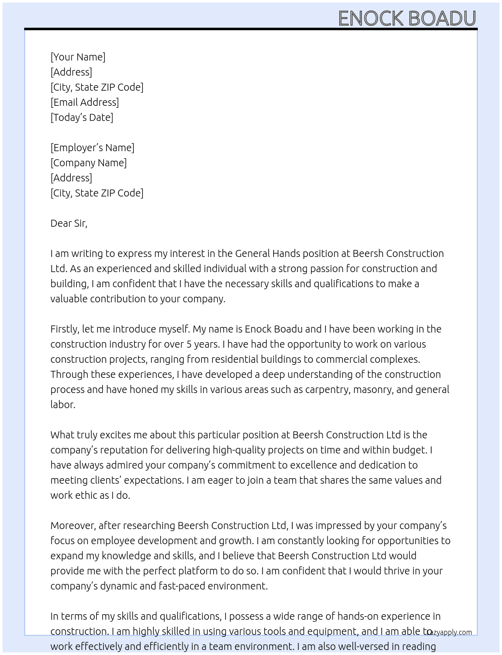 GENERAL HANDS  At BEERSH CONSTRUCTION LTD Cover Letter