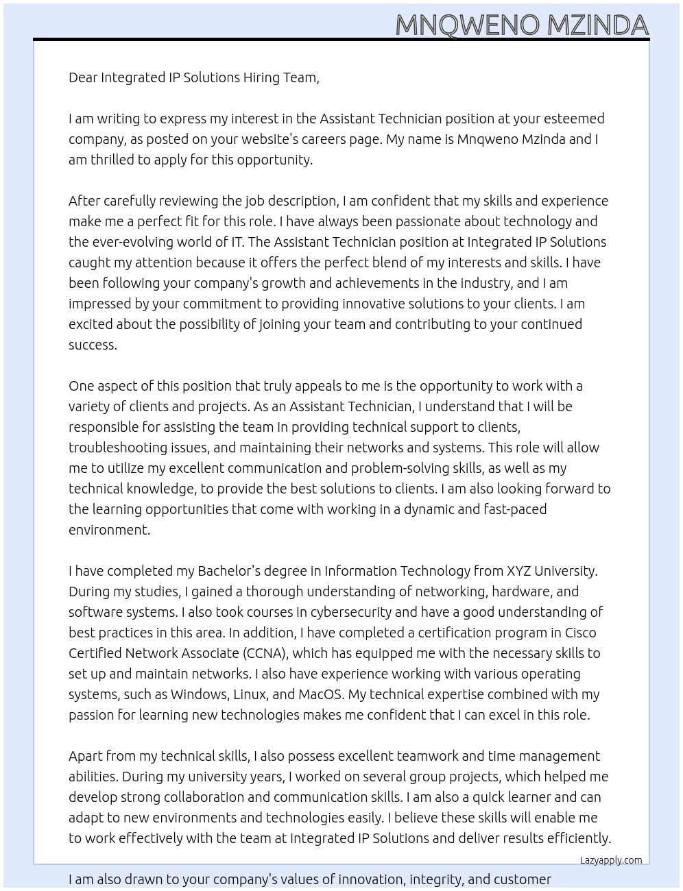 Assistant Technician At Integrated IP Solutions Cover Letter