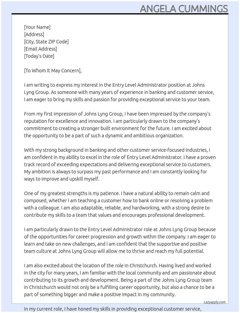 Entry Level Administrator At Johns Lyng Group Cover Letter