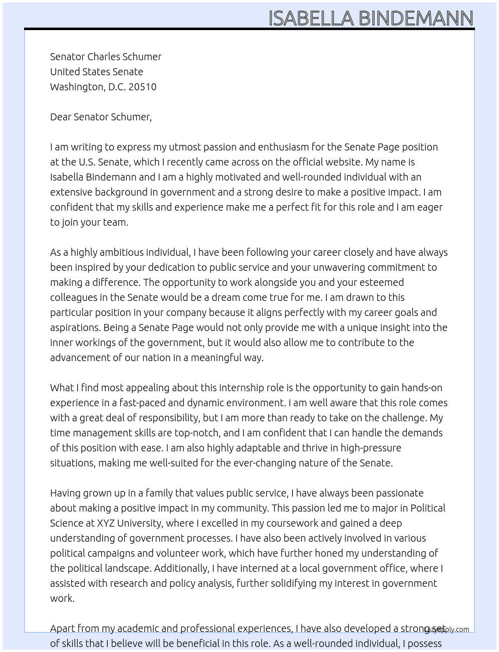 Senate Page At U.S. Senate  Cover Letter