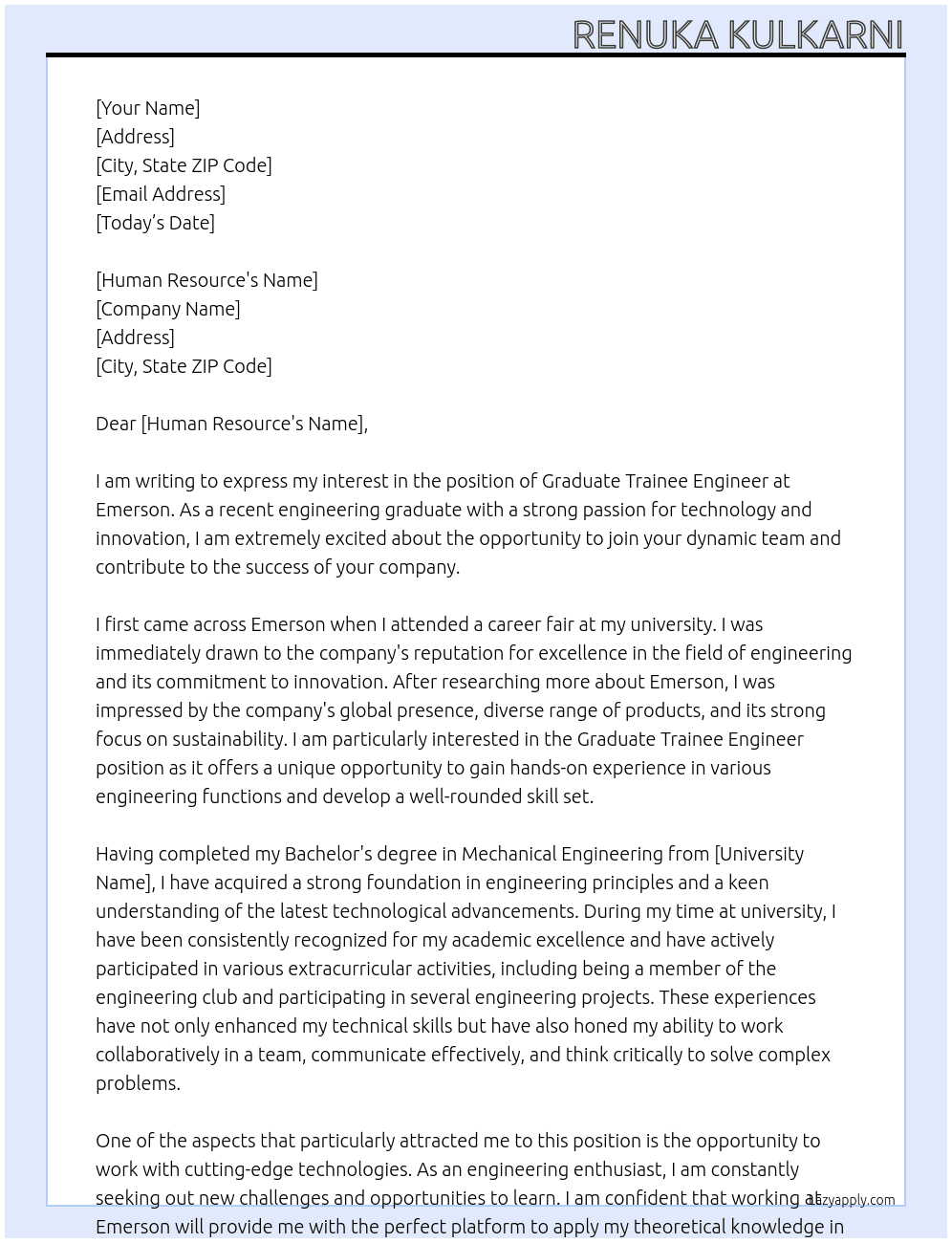 Graduate Trainee Engineer  At Emerson  Cover Letter