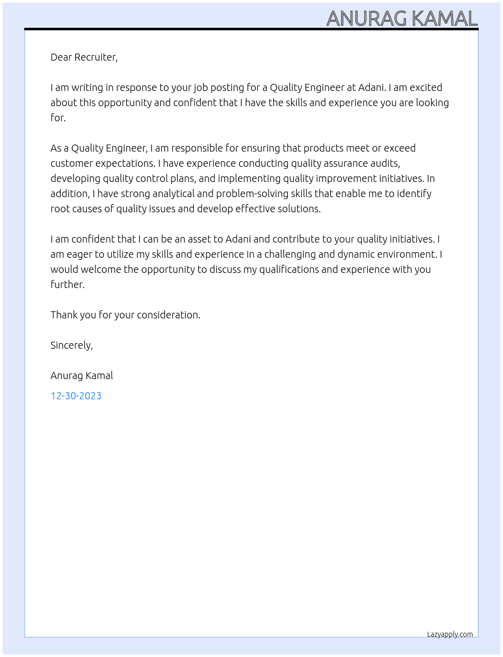 Quality Engineer At Adani Cover Letter