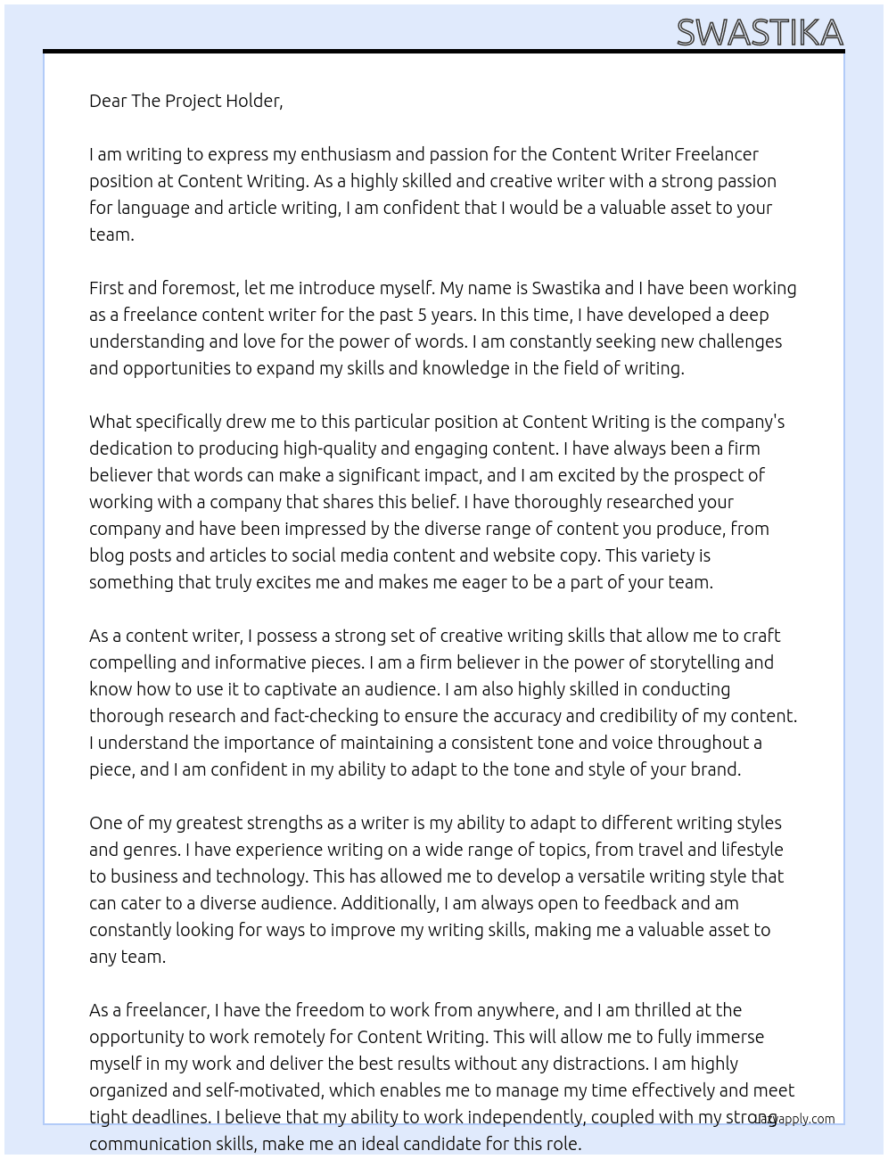 Content writer freelancer  At Content writing Cover Letter