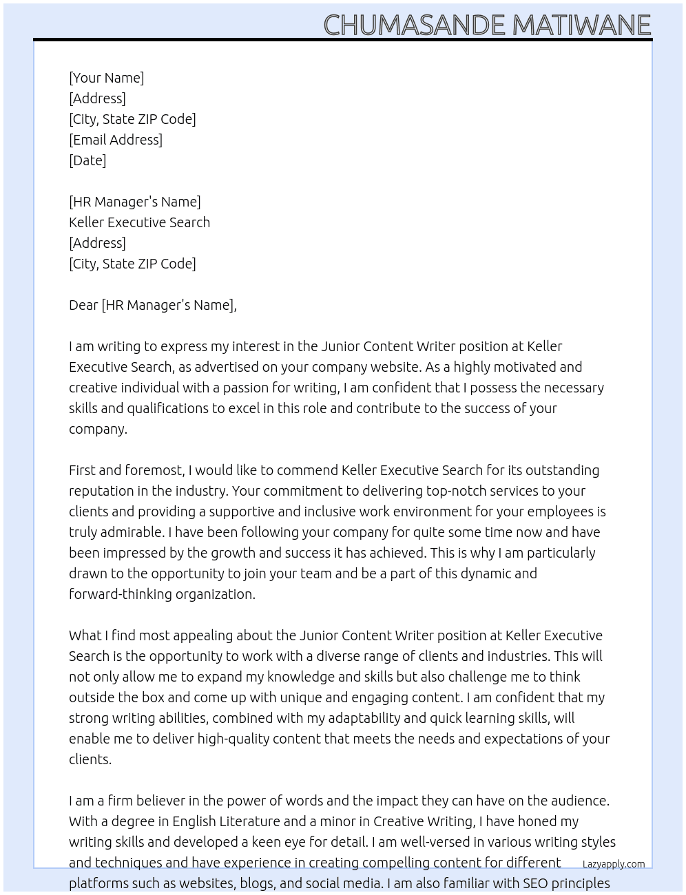 Junior Content Writer At Keller Executive Search Cover Letter