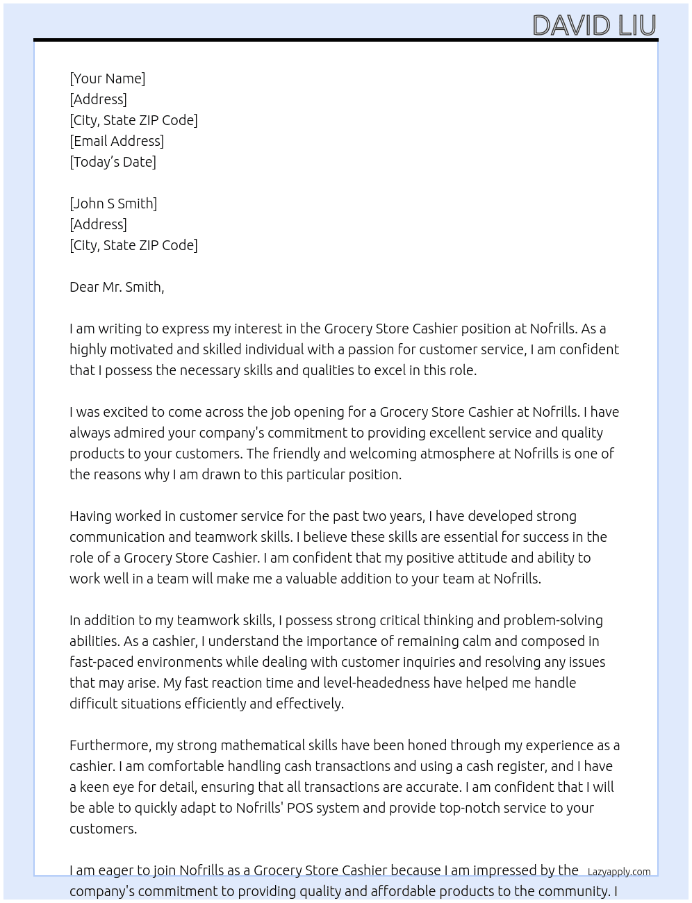 Grocery store cashier At Nofrills Cover Letter