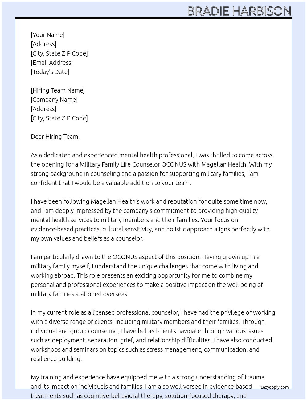 Military Family Life Counselor OCONUS At Magellan Health Cover Letter