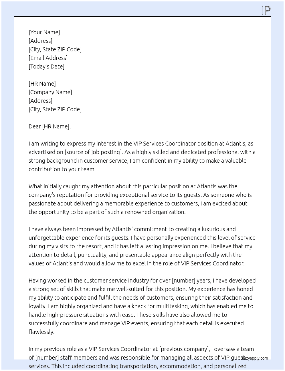 VIP services coordinator At atlantis  Cover Letter