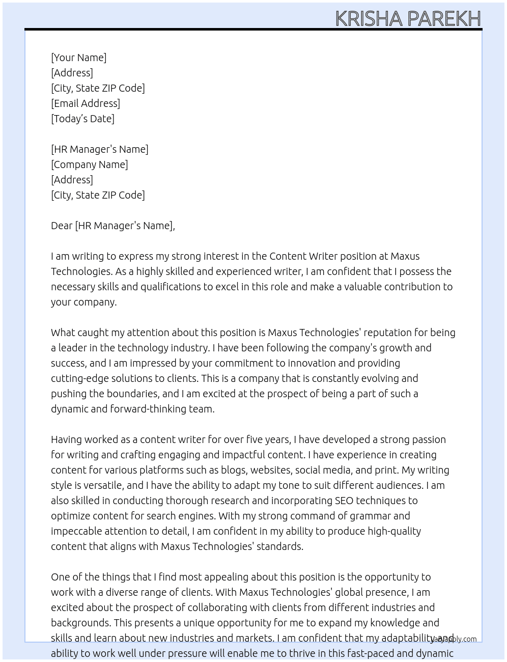 Cpntent Writer At Maxus Technologies Cover Letter