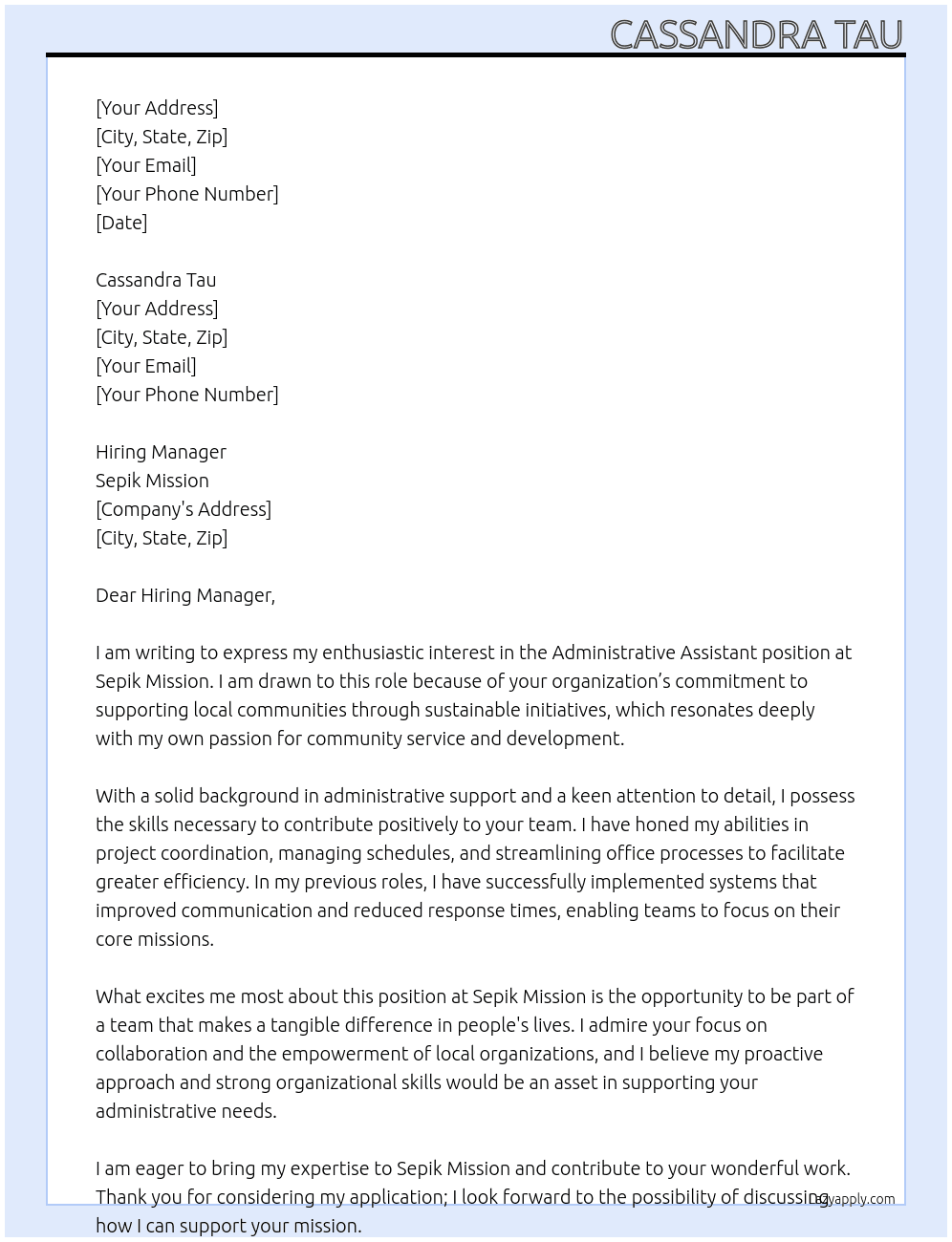Administrative assistance At Sepik Mission Cover Letter